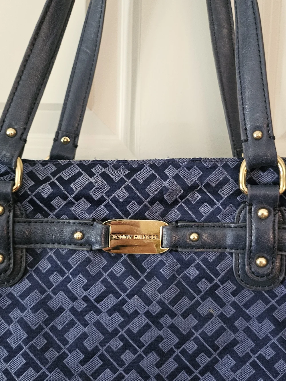 Tommy Hilfiger Navy Jacquard Shoulder Tote with Gold Hardware
